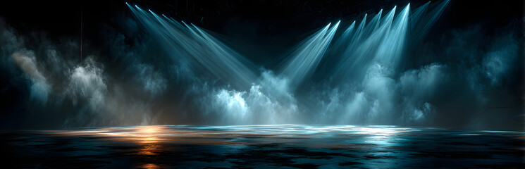 Stage lights illuminate dark space with blue beams piercing through smoke. Empty theater floor awaits performers, creating dramatic atmosphere for shows.