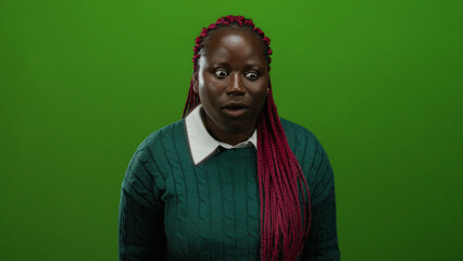 African american woman performs listening gestures against a vibrant isolated green background, highlighting expressive emotions and communication.