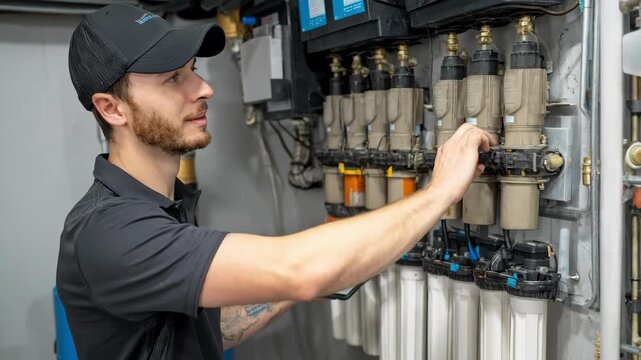 Medium shot of a technician performing routine maintenance on a sophisticated inline filtration system showcasing detailed components and efficient operation in a residential