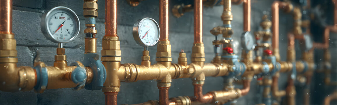 Complex residential heating manifold system with valves, gauges, and piping network. banner