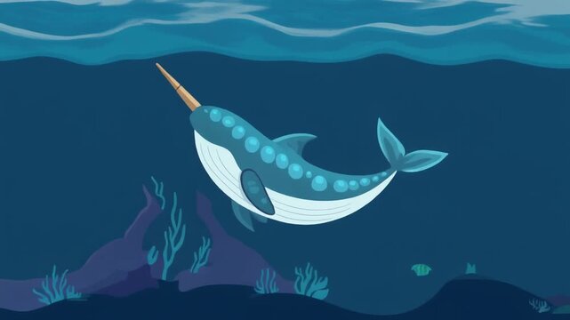 A narwhal gracefully swimming in the deep blue ocean. It is an illustration of a narwhal with a long tusk