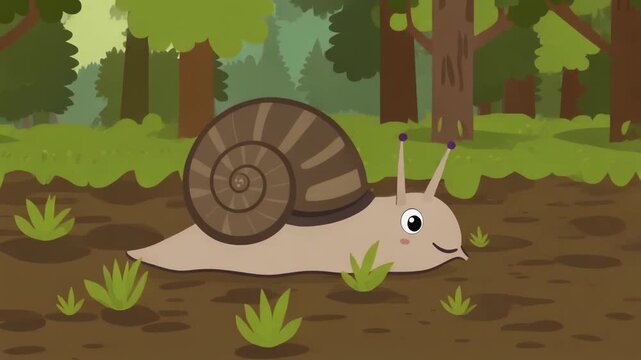 A cartoon snail with a friendly expression in a green forest setting