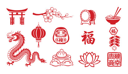 Red Chinese New Year Icons Set Featuring Dragon, Lantern, Torii Gate, and Food Symbols Keywords: China, Chinese, New Year, celebration, dragon, lantern, torii gate, drum, food, chopsticks, noodles