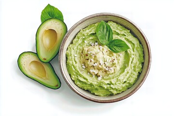Avocado dip with fresh avocado on a white background.
