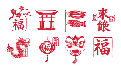 Red Chinese New Year Symbols Including Dragon, Lantern, Torii Gate, and Calligraphy vector illustration © AIGen Studio