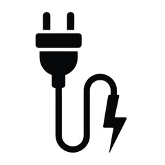 Obraz premium Vector black icon shows electrical plug with lightning bolt.