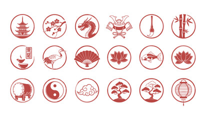 Red circular Japanese cultural icons including pagoda, dragon, and bonsai tree culture symbol