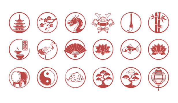 Red circular Japanese cultural icons including pagoda, dragon, and bonsai tree culture symbol