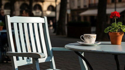 A white wooden chair and a table with a teacup and a potted plant.