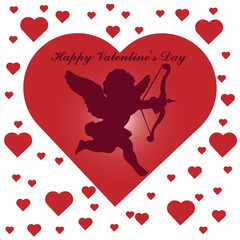 Romantic Valentine&rsquo;s Day illustration featuring a cupid silhouette with bow inside a red heart, surrounded by small hearts. Symbol of love, romance, affection and relationships. Ideal for greeting