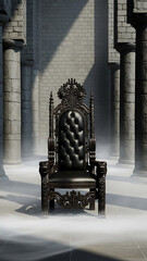 An ornate and imposing black gothic throne with tufted leather.
