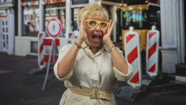 Woman senior hispanic wearing yellow glasses presses hands to cheeks with open mouth on urban street beside construction barriers and a pedestrian sign; surprise worry.