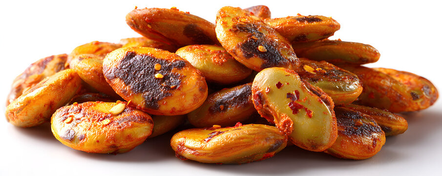 Roasted broad beans snack isolated, fried vicia faba, spicy legume, crispy big beans chips for salads