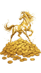 Golden Gallop Horse on a pile on Gold coin and Gold ingot for Chinese new year 2026 - isolated on transparent background
