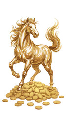 Golden Gallop Horse on a pile on Gold coin and Gold ingot for Chinese new year 2026 - isolated on transparent background