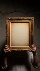 Anonymous person holding an empty ornate golden picture frame.