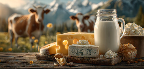 Fresh dairy products like milk, cheese sit on table. Cows graze in green mountain pasture under blue sky. Scene conveys natural, farm-fresh quality. Shows healthy food sourced from rural farms.