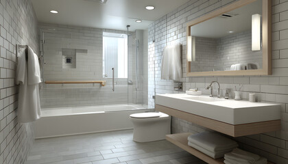 Modern bathroom design with accessibility features. It includes grab bars a roll in shower lowered sink. Accessible for those with mobility issues or impairments.