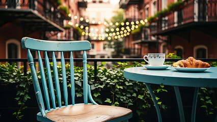 Charming Cafe Scene Blue Chair Coffee and Croissants.