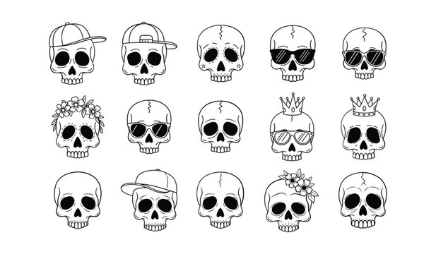 Skull Icons with Hats Sunglasses Crowns and Flowers Line Art vector illustration