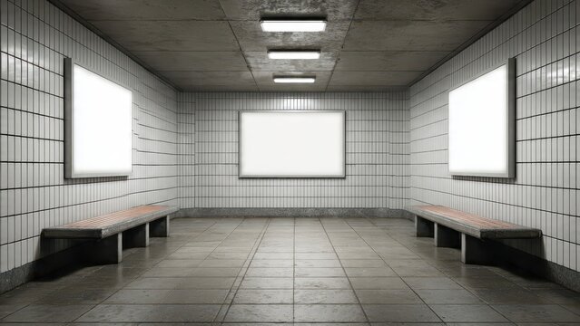 Underground Advertising Mockup: Three Blank Glowing Billboards (Horizontal and Vertical) in Desolate Subway Station Corridor with Concrete Benches and White Tiled Walls.