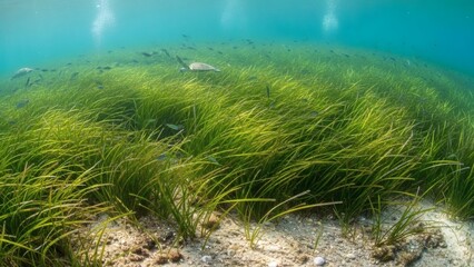 Vibrant underwater seagrass meadow teeming with small fish in clear turquoise water.