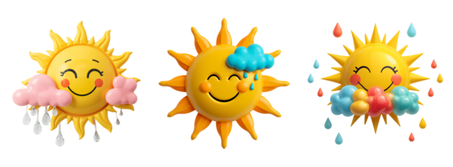 Set of 3D render cartoon sun and cloud funny on transparent background isolated