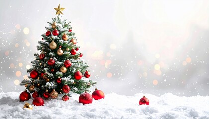 Obraz premium A decorated evergreen Christmas tree stands in snow against a blurry, festive background