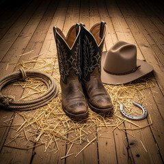 Classic western cowboy boots hat lasso and horseshoe.