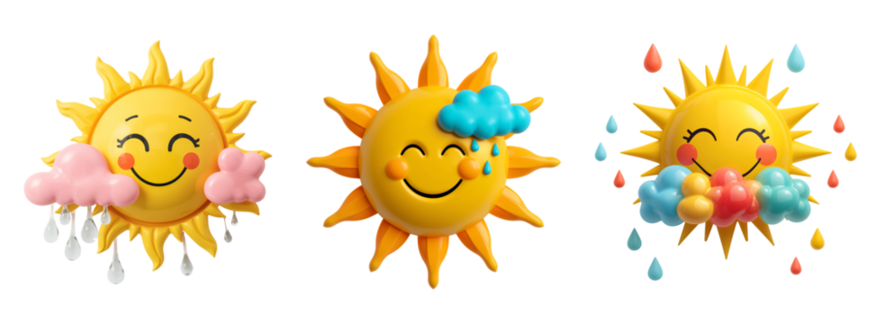 Set of 3D render cartoon sun and cloud funny on transparent background isolated - Powered by Adobe