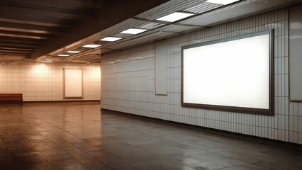 Large illuminated blank billboard mockup in an empty modern subway or underground walkway corridor. Clean white tiled walls and reflective dark stone floor.