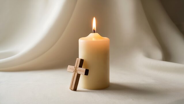 Wooden cross leaning against a single burning candle. A Christian symbol of faith, hope, and prayer for Easter or a memorial service