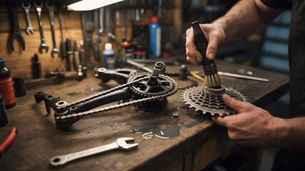 Mechanic cleaning bicycle drivetrain in workshop