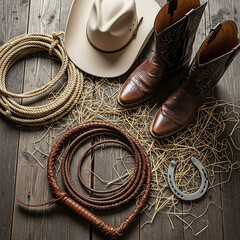 Cowboy Essentials Hat Boots Rope Whip and Horseshoe.