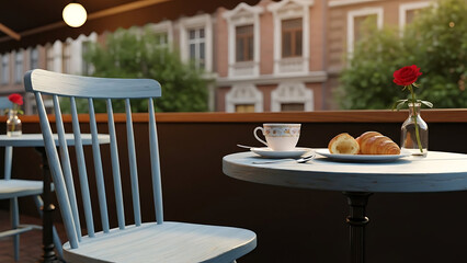 Cozy outdoor cafe setting with light blue wooden chair.