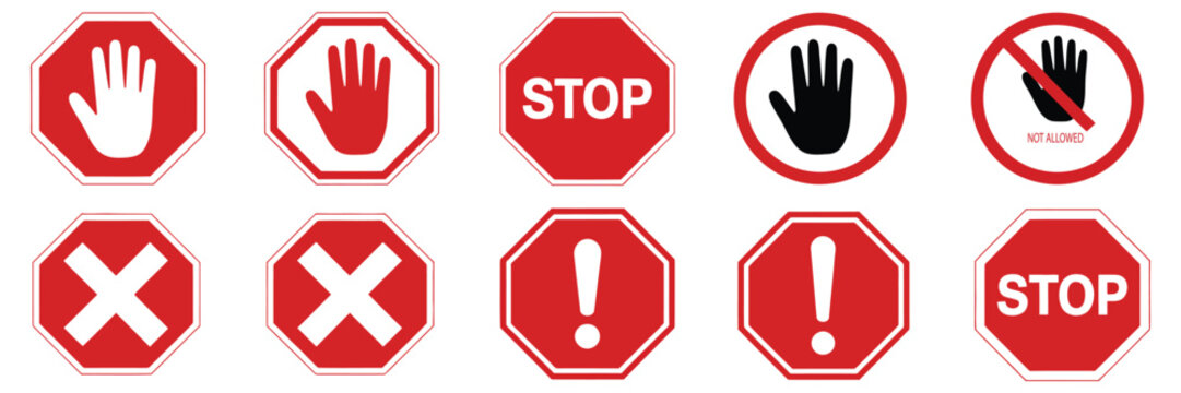 set stop red sign icon with white hand, do not enter, warning stop sign stock, vector illustration for traffic control, workplace safety, restricted access, and hazard prevention