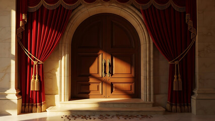 Elegant Arched Wooden Doorway with Rich Red Curtains.