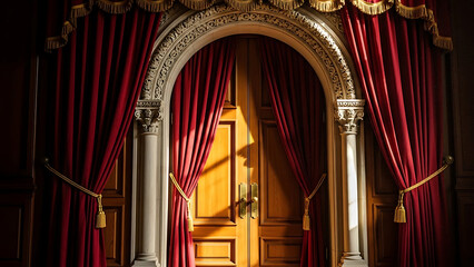 Elegant Archway with Red Velvet Curtains and Golden Door.