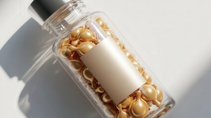 Health Supplements In Transparent Bottle With Gold Capsules