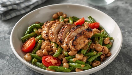Fototapeta premium A Culinary Composition. Grilled Protein Harmony with Green, Red, and Beige Hues.