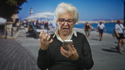 Elderly woman holding smartphone with raised hand gesture on a sunny seaside street promenade,...