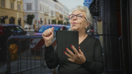 Elderly woman wearing glasses and red nail polish taps a tablet screen with her finger while...