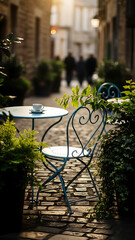 Elegant wrought iron chair and table set in a charming outdoor cafe setting.