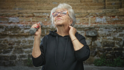 Senior woman lifting a dumbbell and touching her neck in front of a weathered stone building wall; strength confidence.