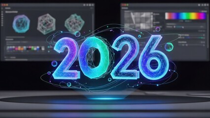 2026 year numbers with digital wireframe and glowing particles