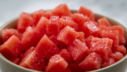 A Pile of Carmine Cubes Bright, Bold Red Segments in a Bowl of a BeigeGrey Hue.