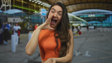 Woman shouting with hand cupped to mouth at bustling airport terminal entrance lined with luggage carts; excitement anticipation joy energy.