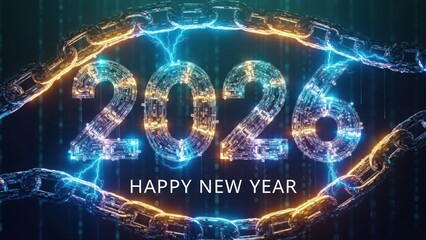 2026 year text with digital chain and lightning new year