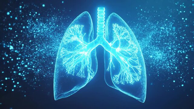 Human lungs concept with glowing particles. Lung respiration system with particles entering and exiting, representing air flow and clear lung function