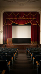 Empty Vintage Movie Theater Stage with Red Curtains.